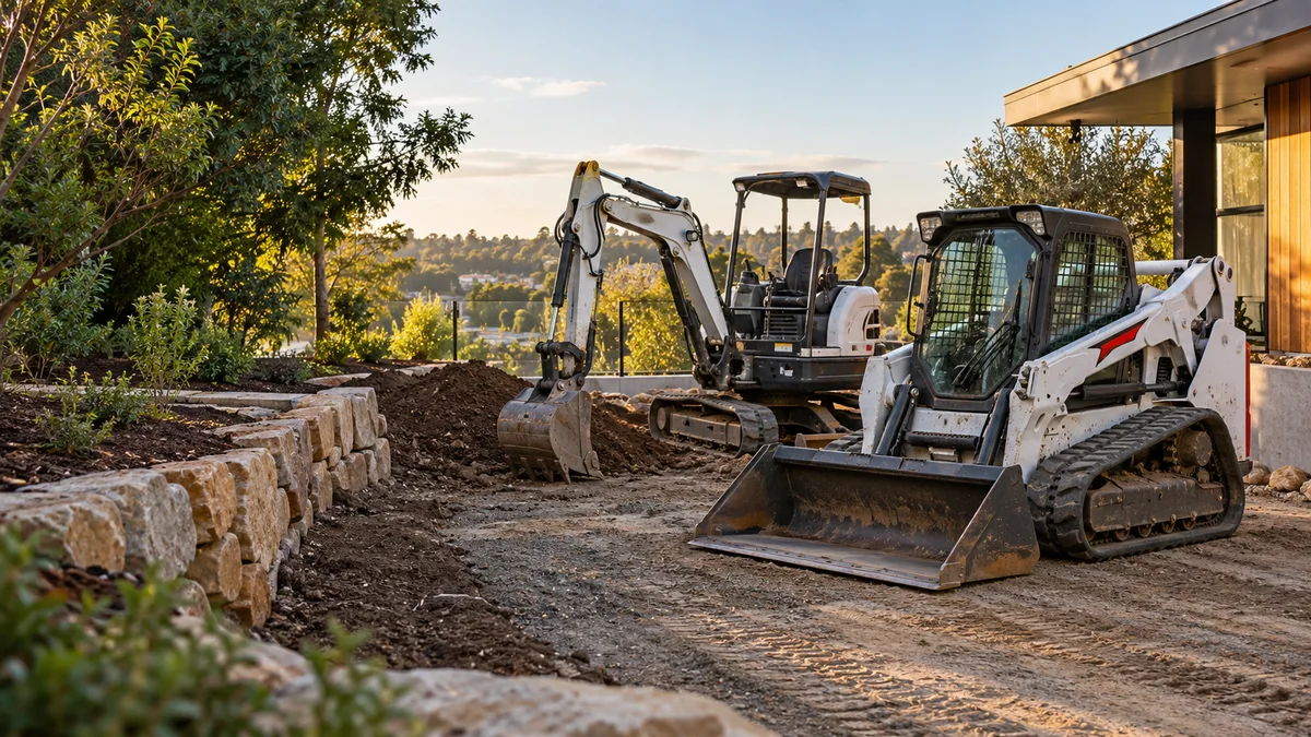 Illustration of bobcat & digger hire in an Australian residential setting