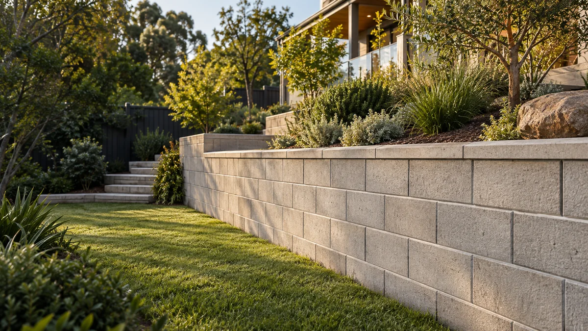 Illustration of concrete block retaining walls in an Australian residential setting