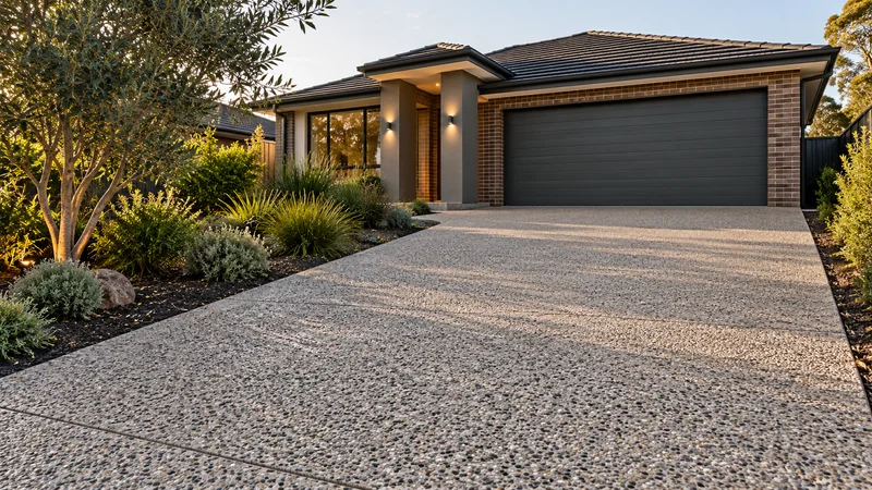 Illustration of concrete driveway installation in an Australian residential setting