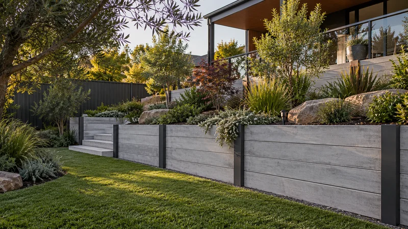Illustration of concrete sleeper retaining walls in an Australian residential setting