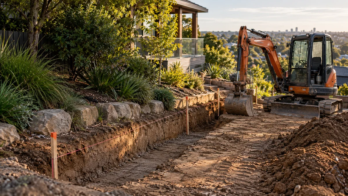 Illustration of excavation for retaining walls in an Australian residential setting