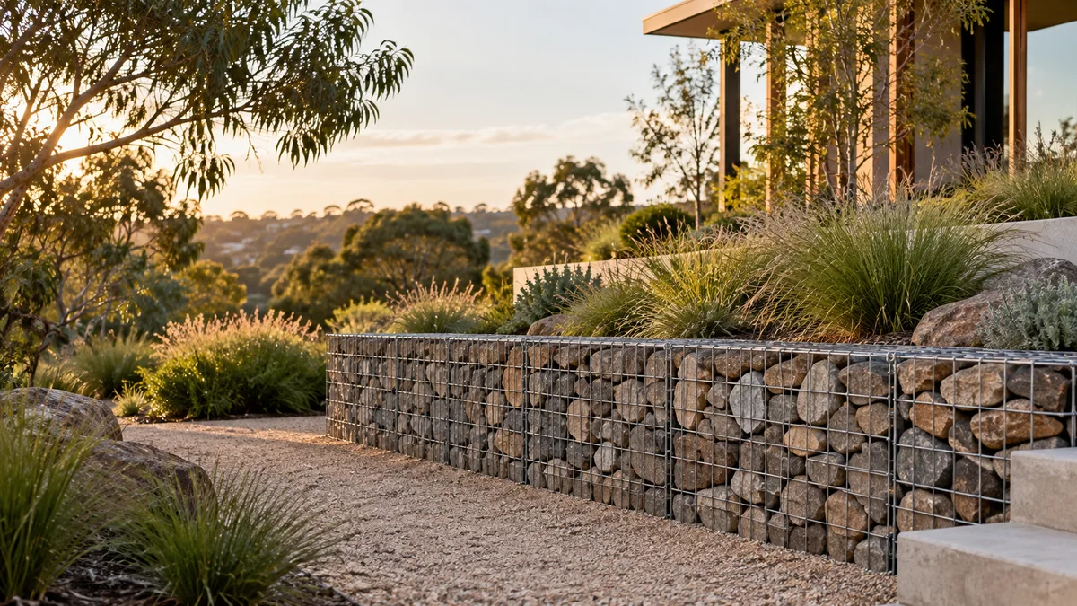 Illustration of gabion retaining walls in an Australian residential setting