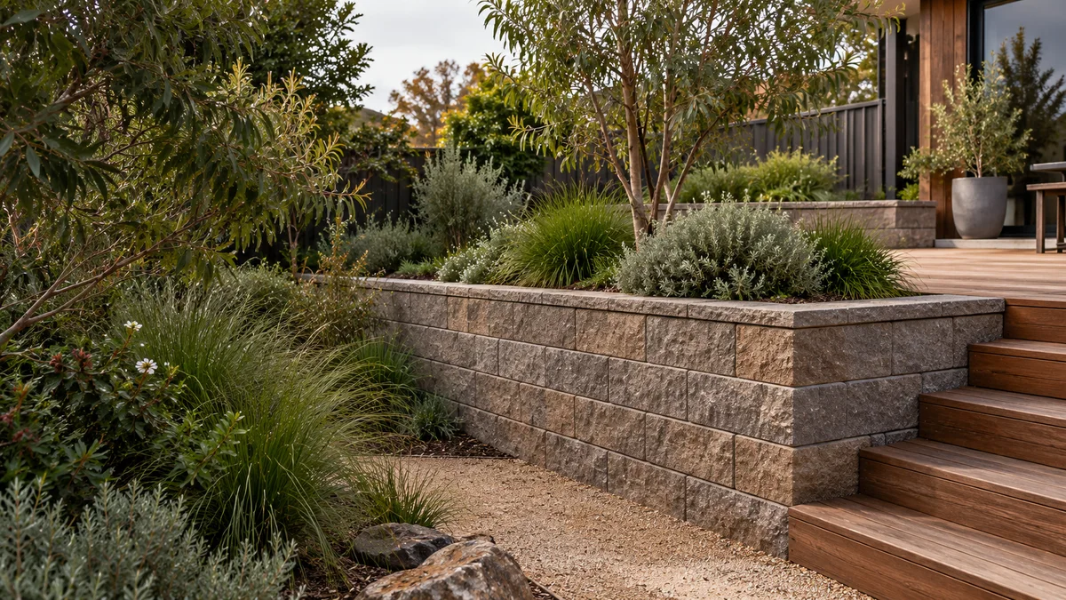 Garden concept for Box Hill, featuring a textured segmental masonry block retaining wall