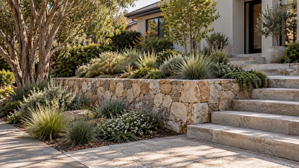 Garden concept for Camberwell, featuring a natural stone-faced retaining wall