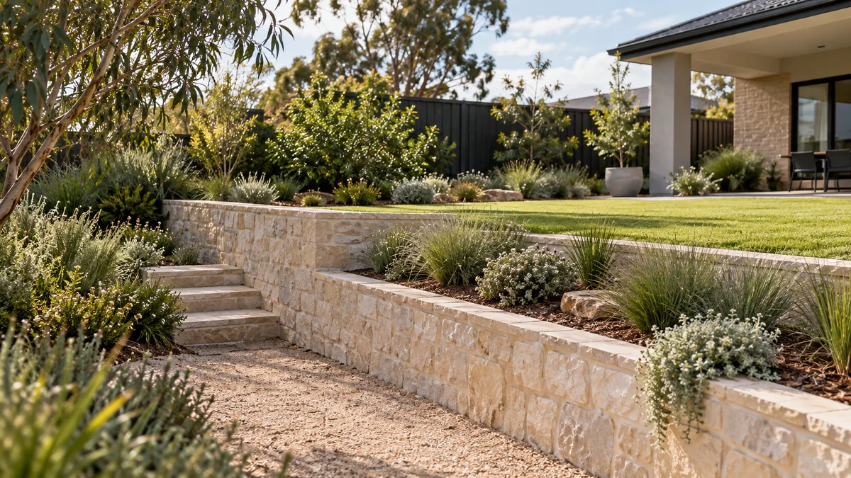 Garden concept for Cranbourne, featuring a pale mortared masonry retaining wall