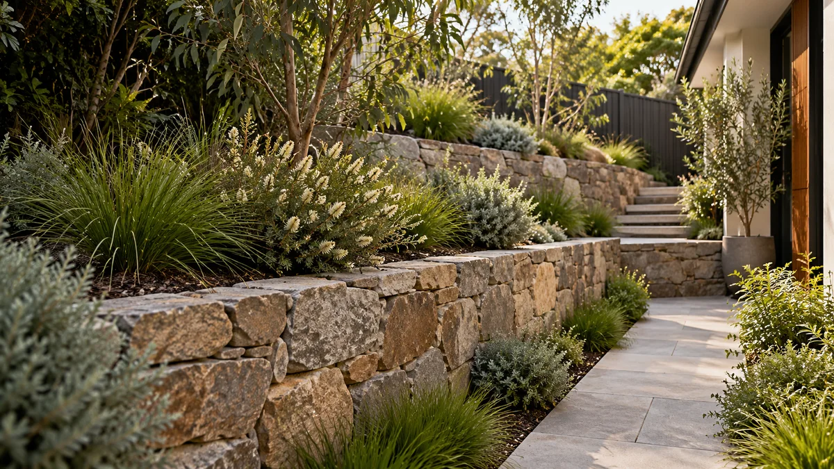 Garden concept for Dandenong, featuring a natural stone-faced retaining wall