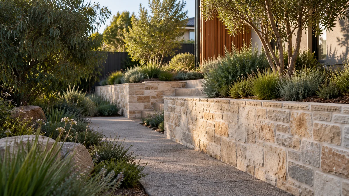 Garden concept for Epping, featuring a pale mortared masonry retaining wall