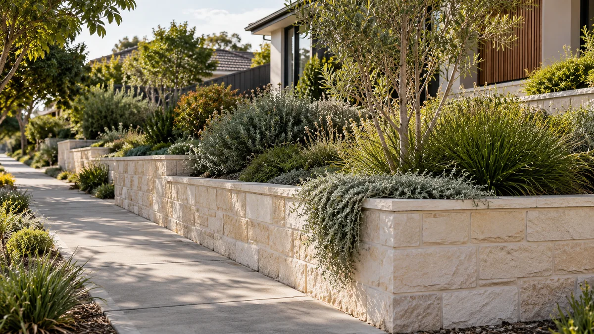 Garden concept for Essendon, featuring a pale mortared masonry retaining wall