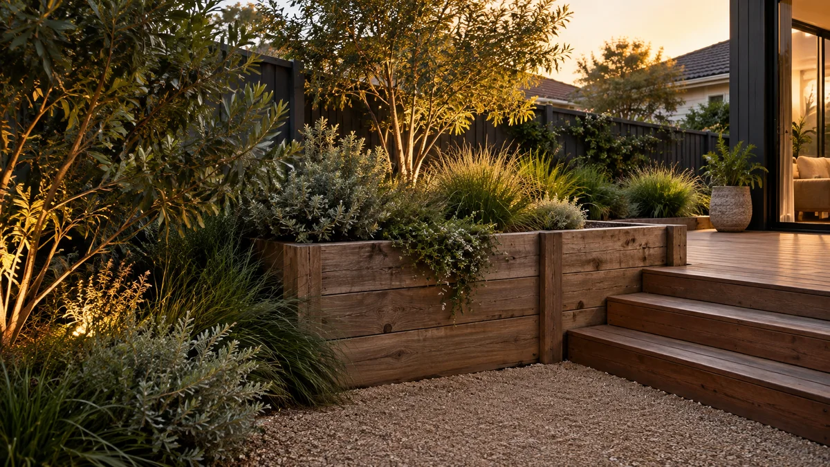Garden concept for Footscray, featuring a warm timber sleeper retaining wall