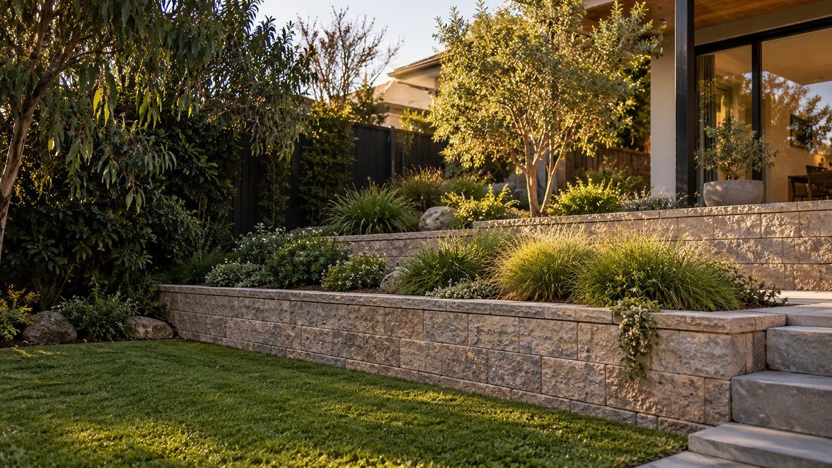 Garden concept for Kew, featuring a textured segmental masonry block retaining wall