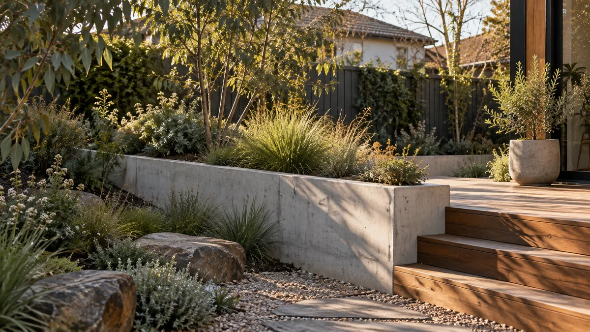 Garden concept for Northcote, featuring a smooth poured concrete retaining wall