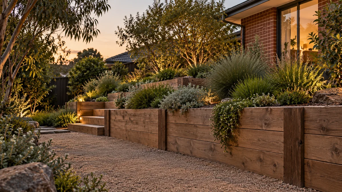 Garden concept for Preston, featuring a warm timber sleeper retaining wall