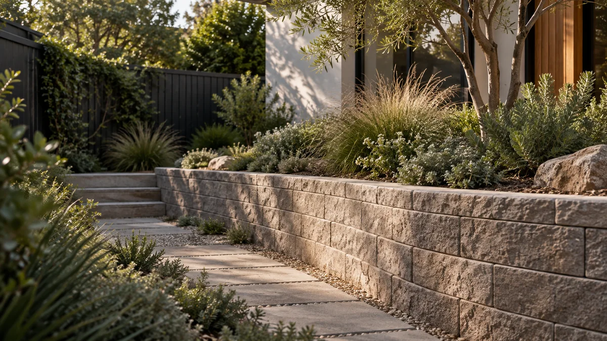 Garden concept for Williamstown, featuring a textured segmental masonry block retaining wall