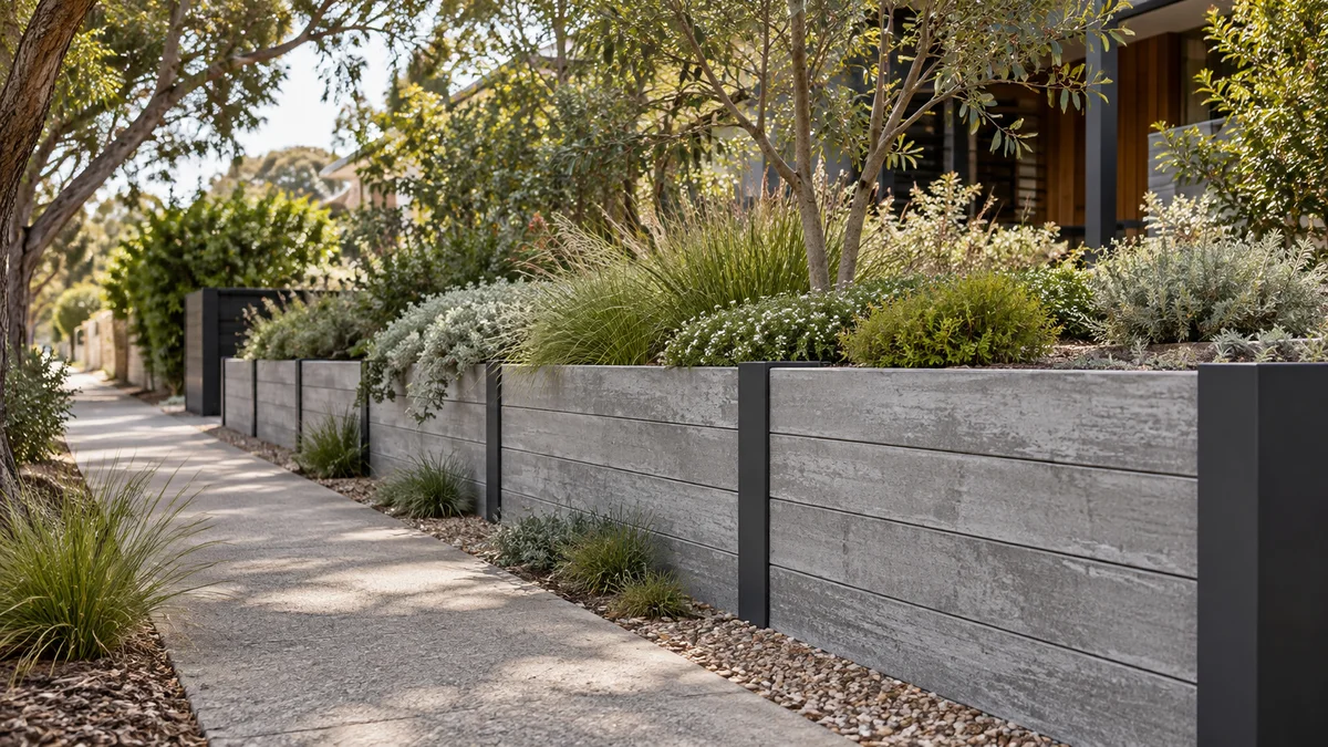 Garden concept for Yarraville, featuring a grey concrete sleeper with charcoal steel posts retaining wall