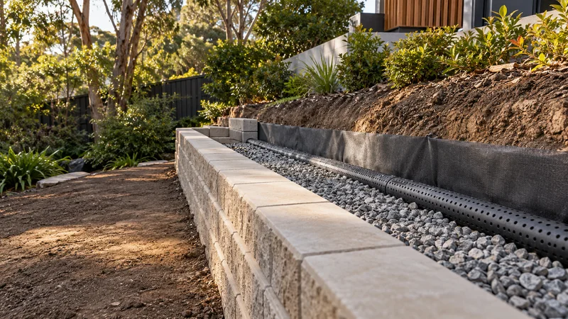 Illustration of retaining wall drainage systems in an Australian residential setting