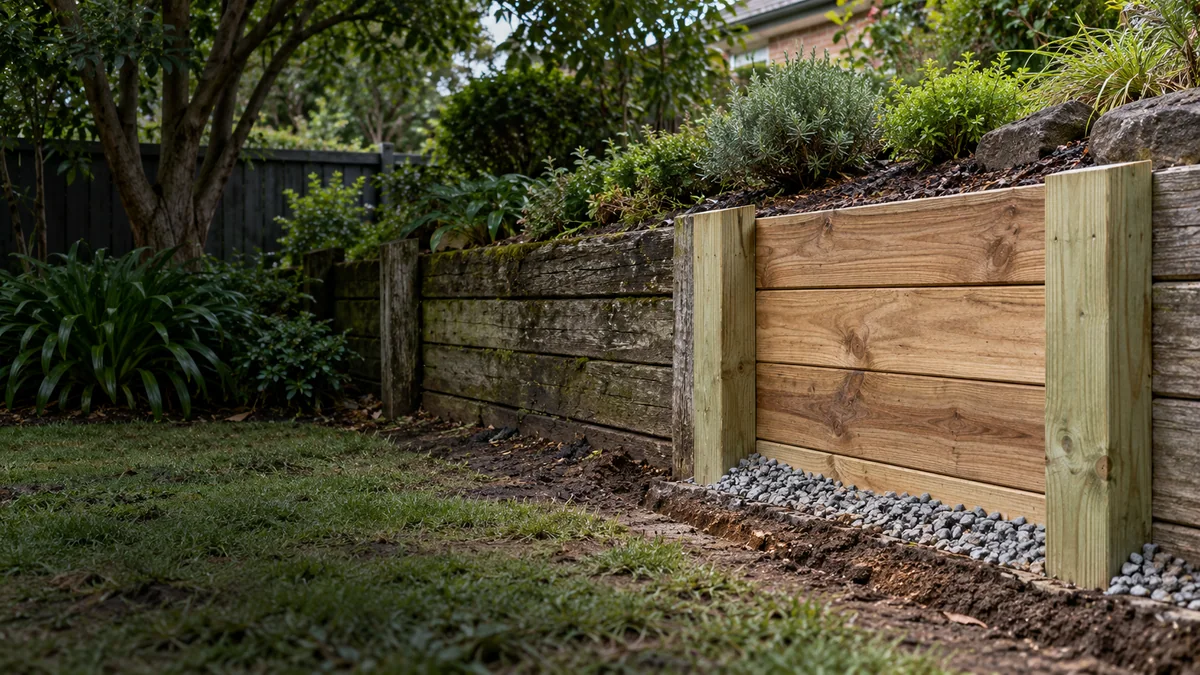 Construction concept showing a timber retaining wall being renewed beside an older section