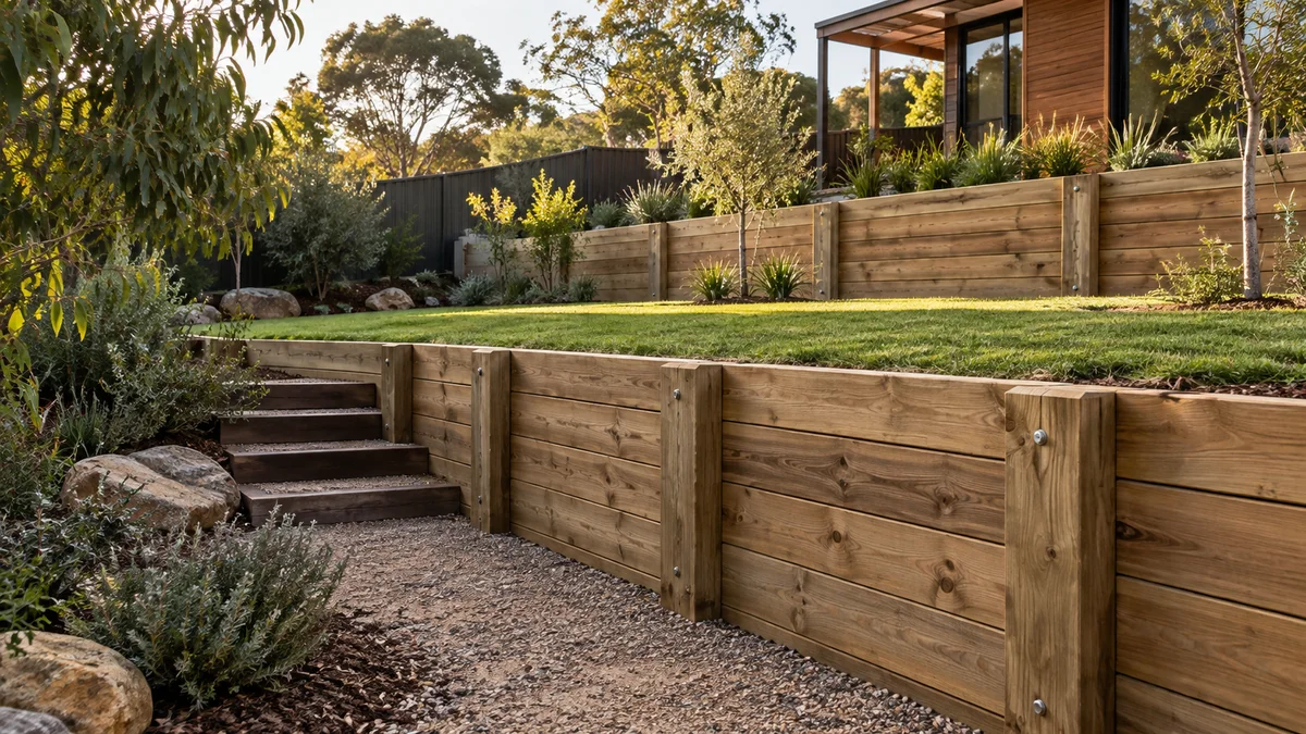 Illustration of timber retaining walls in an Australian residential setting